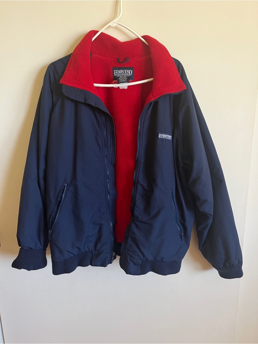 Vintage Lands' End Navy Bomber Jacket with Red Fleece Lining